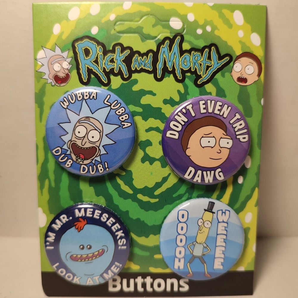 Rick And Morty Pin Buttons Set of Four Official Cartoon Collectible Badges